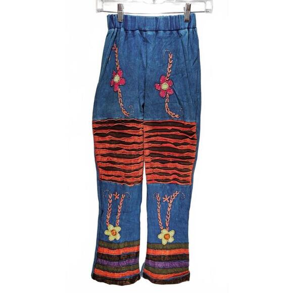 Pants - K.P.C. Women's Handmade Bohemian Embroidered Stonewash Blue Floral Pants Medium